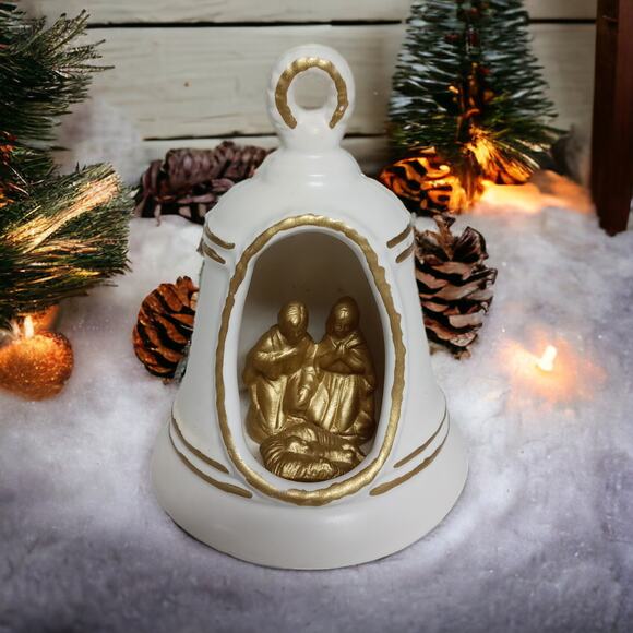 Vintage Nativity Bell Ornament White Gold Christmas Decor ππ - Picture 1 of 9